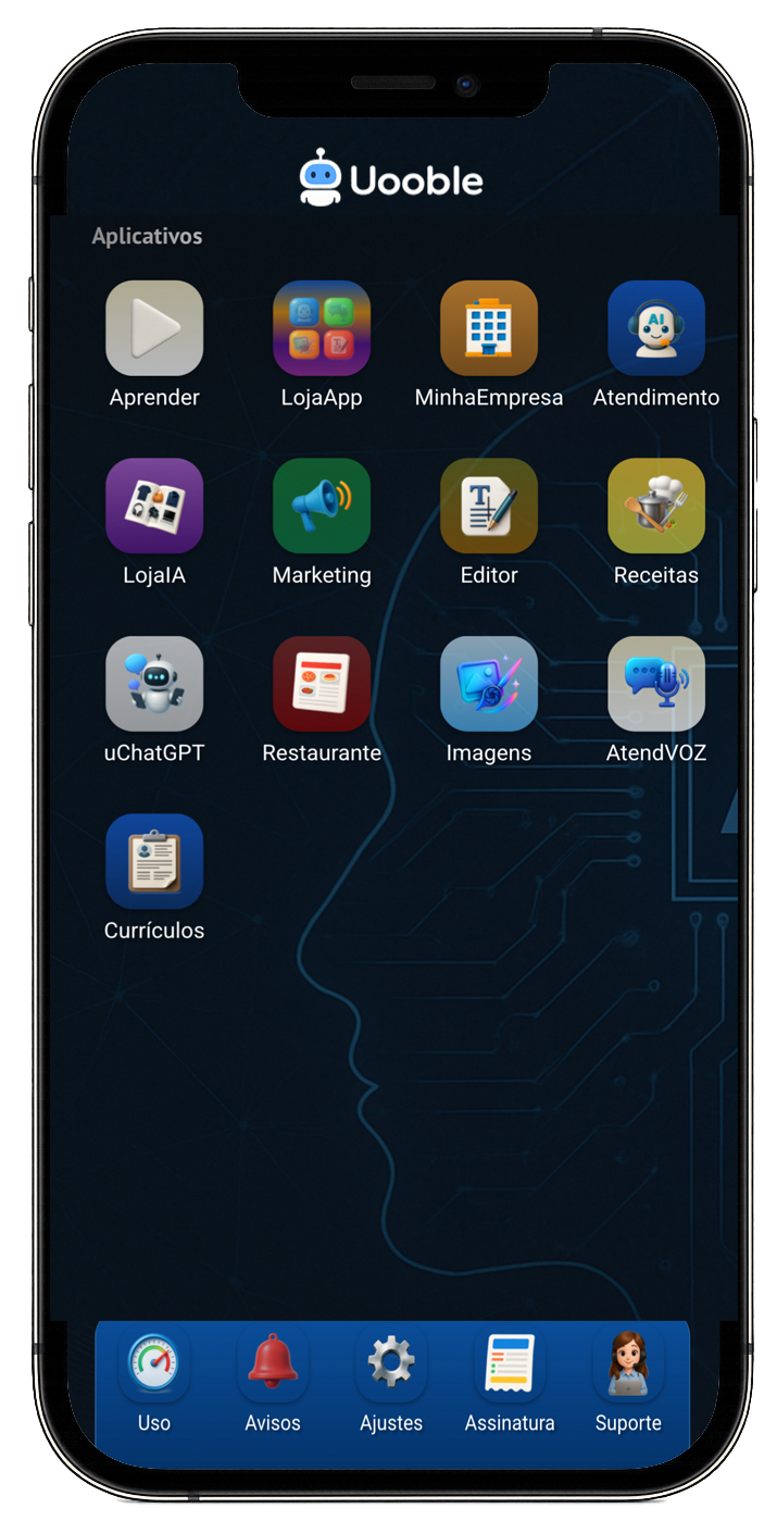 App Uooble no smartphone — painel principal
